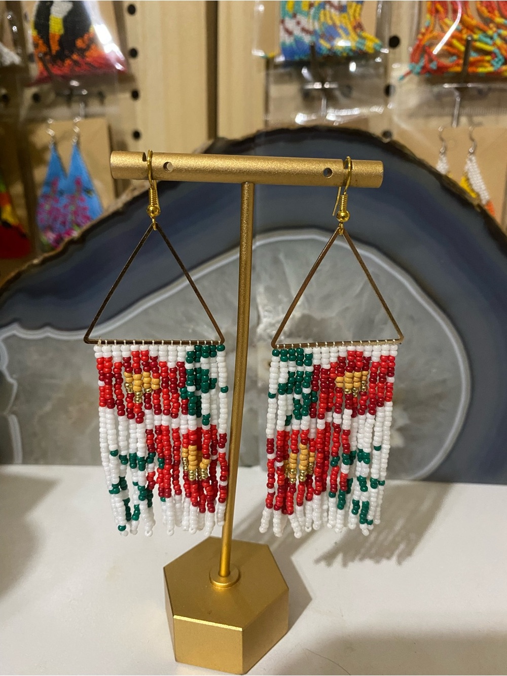 Handcrafted Red Floral Seed Bead Fringe Earrings